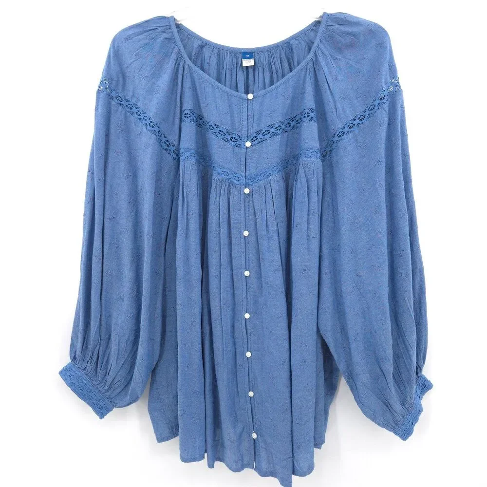 Old Navy womens embroidered chambray button up top Size 4X blue long puff sleeve